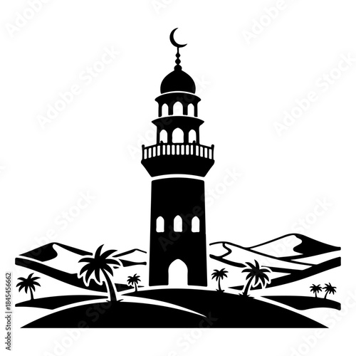 Silhouette of a minaret with palm trees and sand dunes under a crescent moon, representing Islamic architecture and desert landscapes