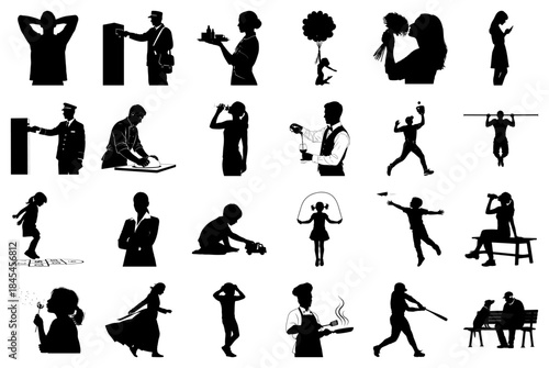 Grid of 25 black silhouettes depicting people in everyday and recreational activities