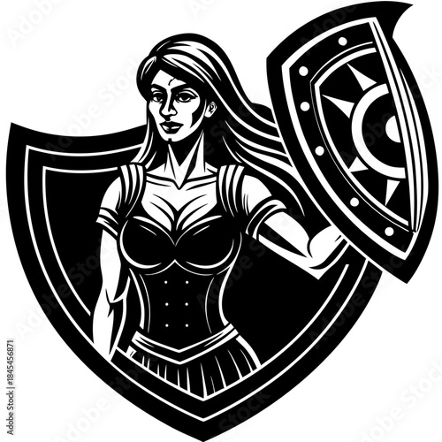 Female warrior with shield and armor woman