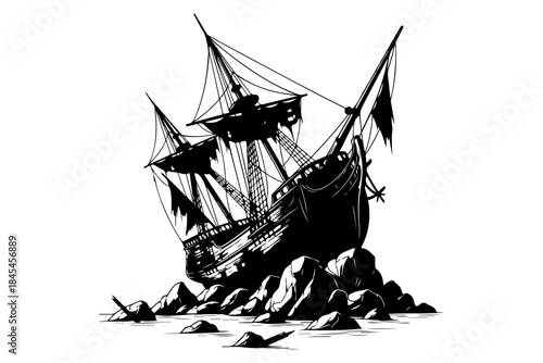 Dramatic illustration of an ancient sailing ship, a historical vessel, in a perilous state, shipwrecked on jagged rocks, evoking themes of maritime disaster and adventure