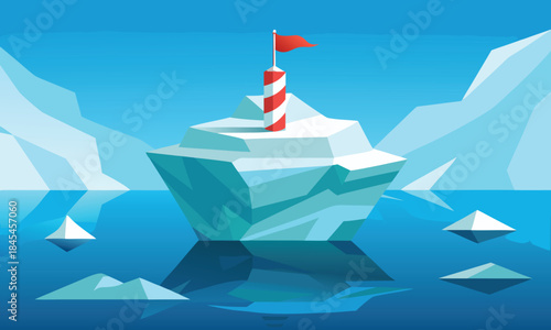 Stylized iceberg with red white pole and flag in blue water