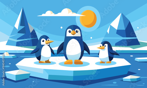 Three cartoon penguins on icebergs with sun and mountains
