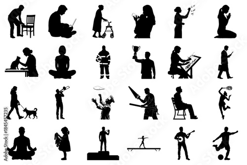 Silhouette set of people performing different actions and professions