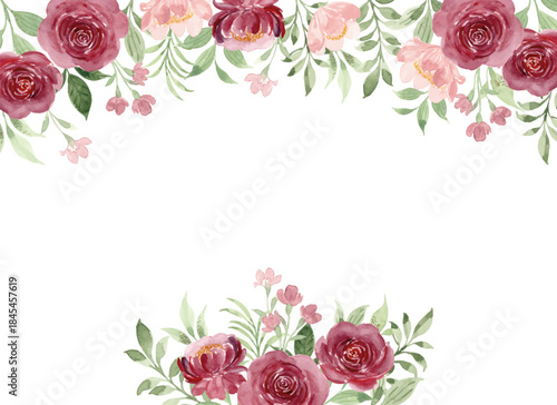 Watercolor Red Rose Floral Border Background