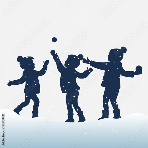 Flat vector blue illustration children playing in the snow winter theme
