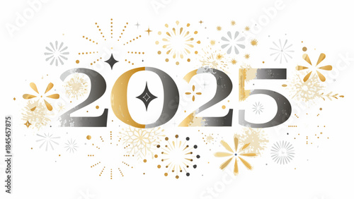 Elegant gold and silver 2025 combined with abstract fireworks on white background