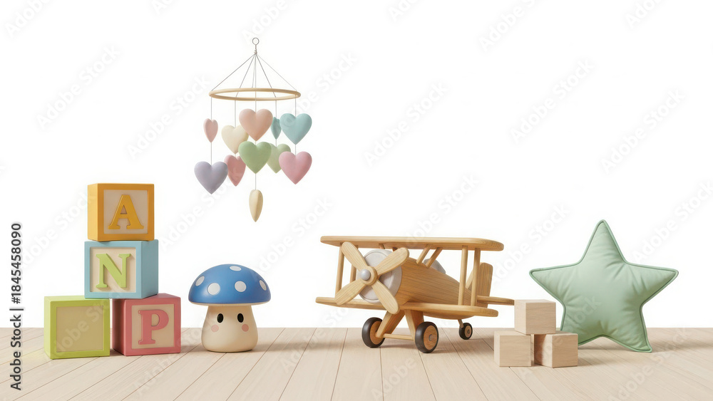 Obraz premium Colorful nursery decor with blocks and airplane