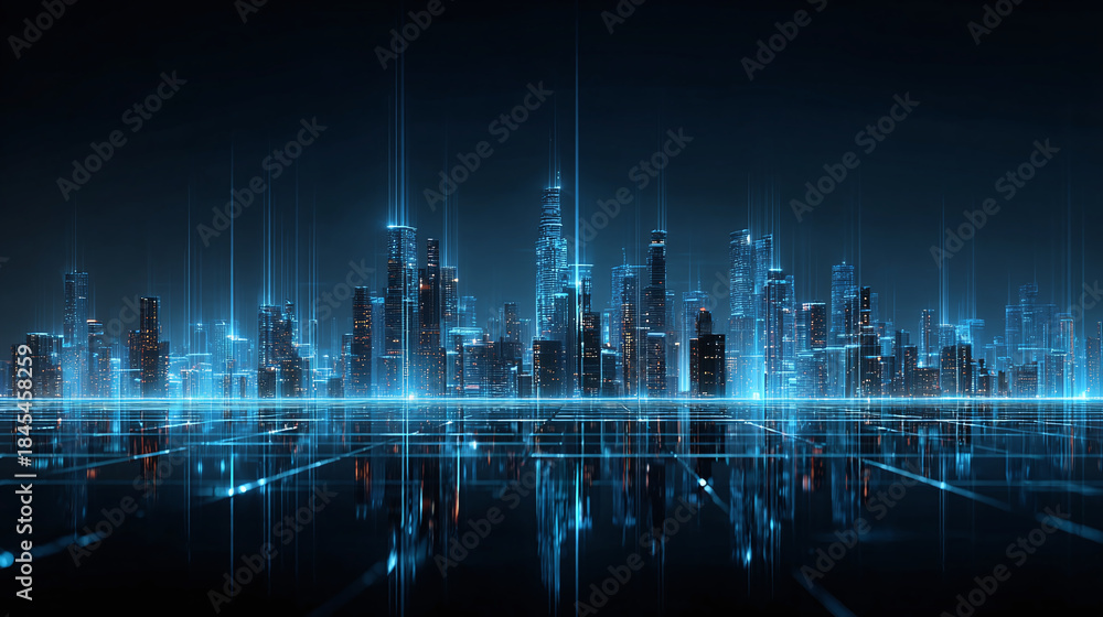 Fototapeta premium A futuristic cityscape with a digital glow, representing technological advancement and innovation. The towering buildings and interconnected lines create a sense of a modern urban landscape