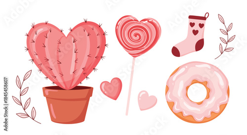 A cute collection of pink Valentine's Day elements including a heart-shaped cactus, a lollipop, a donut with icing, and a sock.