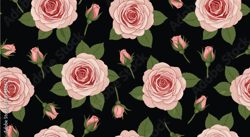 A beautiful and elegant seamless floral pattern featuring delicate pink roses and buds with green leaves on a dark black background.