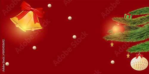 A beautifully Christmas bel glowing on red ribbon surrounded by holiday decorations on a red background.