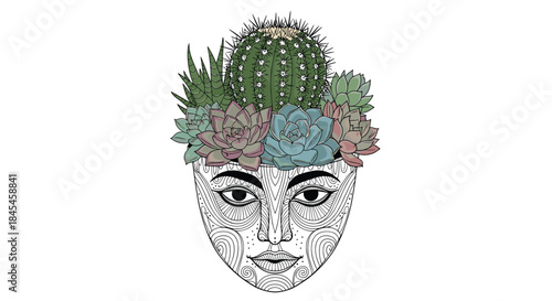 A creative and surreal illustration of a variety of colorful succulents and cacti growing like hair from a planter shaped like a face.