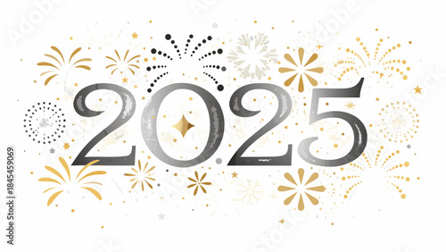 Vibrant 2025 celebration graphic with metallic arcs of colorful fireworks
