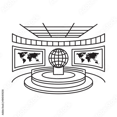 A black and white illustration of a news studio set with a globe