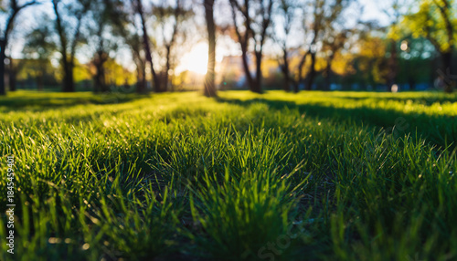 Fototapeta Naklejka Na Ścianę i Meble -  Lush green grass in a park bathed in golden hour sunlight with blurred trees lawn meadow