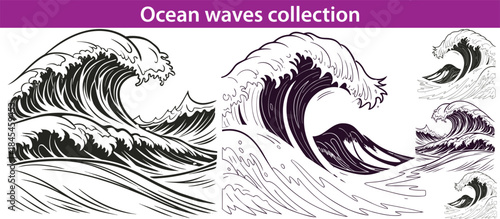 Ocean waves collection. Sea storm wave isolated. Waves, water elements set. Nature wave water storm linear style illustration