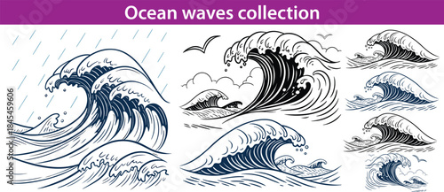 Ocean waves collection. Sea storm wave isolated. Waves, water elements set. Nature wave water storm linear style illustration