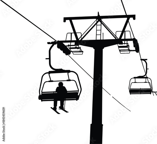 Ski lift silhouette vector illustration, mountain cable chair design, winter sports transportation, skier sitting on lift, outdoor adventure, snow resort travel concept art