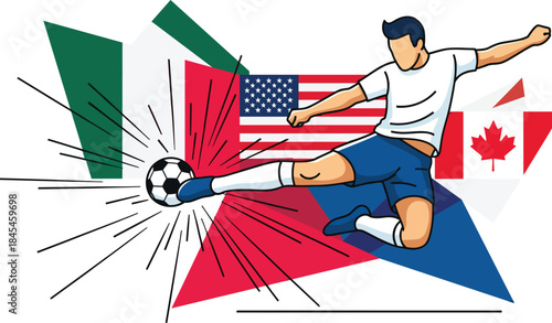 Soccer Player Kicking Ball with Mexico USA Canada Flags Background, World Cup 2026 Concept Vector Illustration