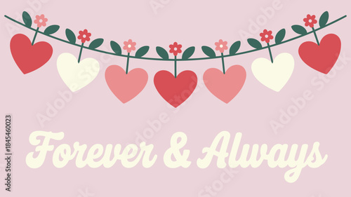 Soft lavender background with cascading hearts garland and flowers forever always romantic sweet valentine's day decoration