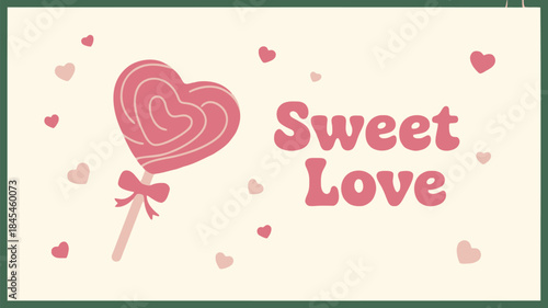 A pink heart shaped lollipop with a bow on a stick against a cream background with scattered hearts sweet love