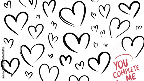 A pattern of large and small sketchy hearts in black on a white background with a romantic phrase