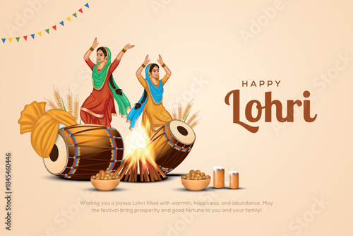 Happy Lohri festival of Punjab India background with traditional elements and people dancing. Creative vector illustration design for banner, poster.