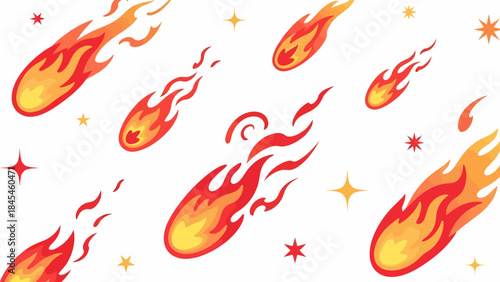 Dynamic illustration featuring multiple fiery meteors and comets streaking through a starry cosmic scene, evoking energy and celestial movement for captivating designs