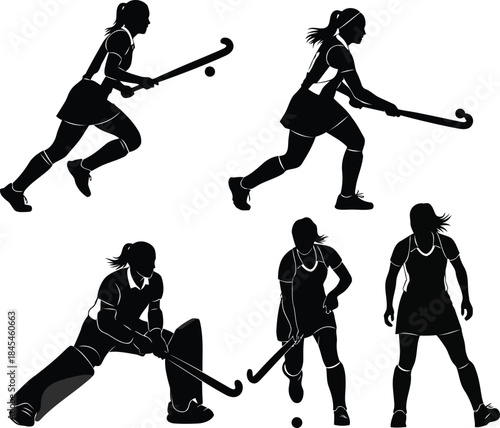 Five Black Silhouettes of Women Playing Field Hockey