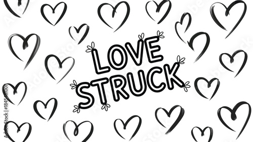 A charming sketchy design featuring scattered hearts and the phrase love struck in bold playful letters on a clean white background