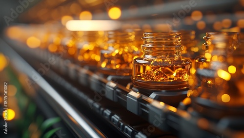 Automated production line meticulously fills amber glass bottles with a viscous golden liquid, showcasing pharmaceutical or cosmetic manufacturing