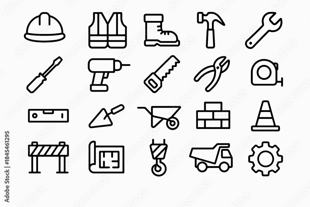 Fototapeta premium Construction icons: tools, safety gear, vehicles, and equipment