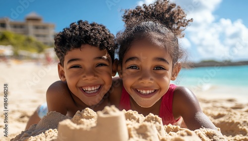 Two happy siblings build a sandcastle together on a sunny beach, enjoying a joyful summer vacation