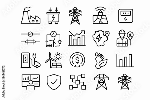 Energy and technology icons: power plants, renewable sources, electric grids, efficiency