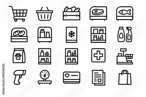 Grocery shopping icons: cart, produce, meat, fish, shelves, checkout, scanner, card