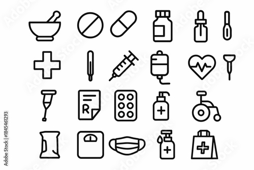 Medical icon set featuring medicine, equipment, and healthcare symbols