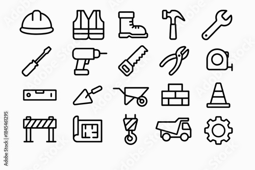 Construction icons: tools, safety gear, vehicles, and equipment