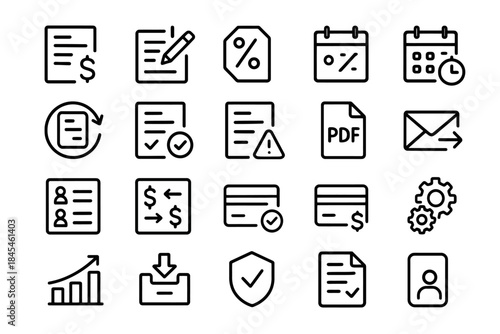 Collection of business and finance icons including documents and charts