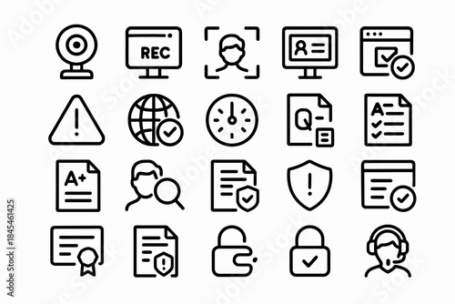 Webcam recording icons: user id, security, and certification symbols
