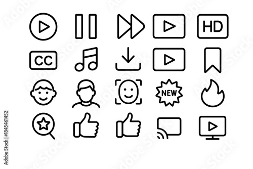 Streaming icon set: play, pause, download, face detection, hd video, music, bookmark