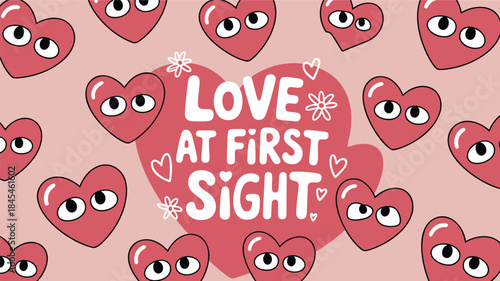 Glossy red hearts with playful eyes and love text on pink background for valentine's day