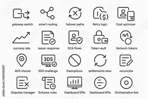 Collection of payment and security system icons featuring various functionalities