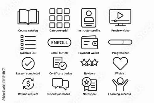 Interactive online course interface icons set for learning platforms