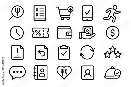 Shopping and food icon set: cart, wallet, phone, dining symbols in outline style