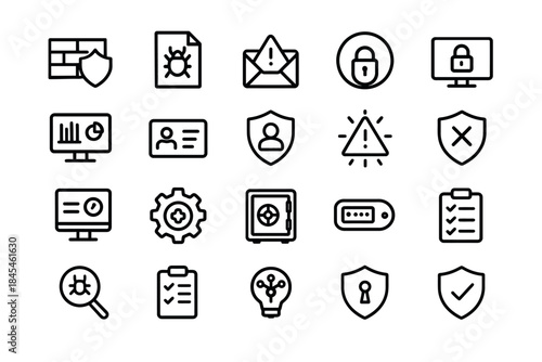 Set of security and privacy icons featuring shields, locks, and alerts