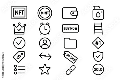 Icon set: nft, mint, wallet, buy now, badge, ladder, check, person, folder, time, re-sale, buy, chain, sold, star