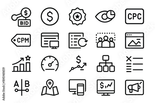Digital marketing icons: bidding, analytics, strategy, and advertising symbols