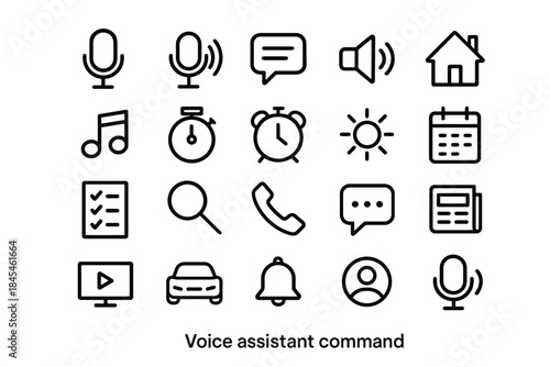 Voice assistant command icons: microphone, music, timer, phone, notification, home, calendar