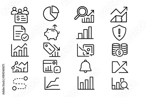 Finance and analytics icons: charts, graphs, reports, and security elements