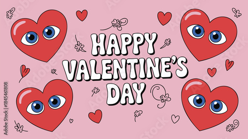 Four red hearts with blue eyes on light pink background with small hearts and flowers valentine's day greeting